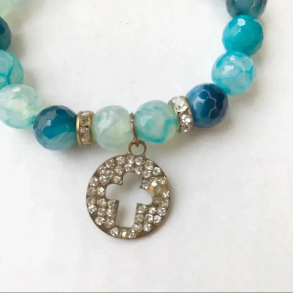 Turquoise Blue Beaded Cross Bracelet - Picture 2 of 6